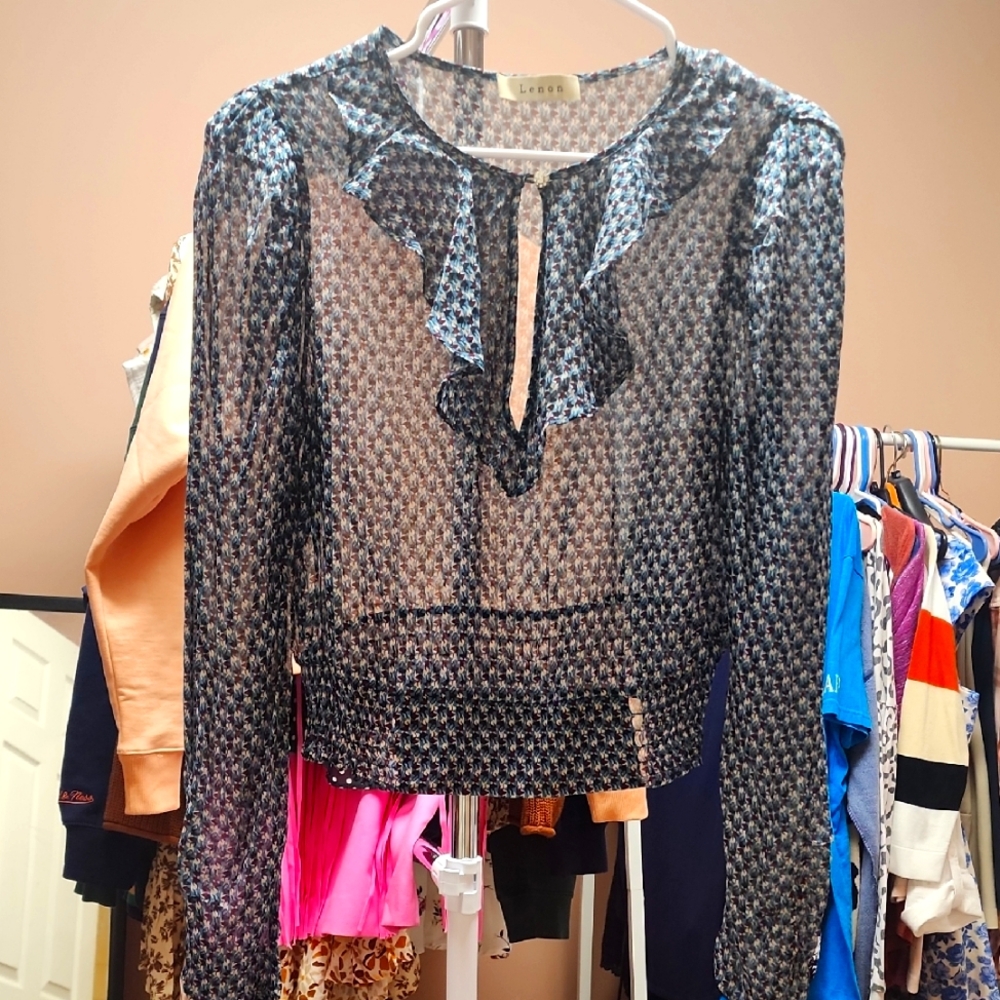 Sheer Black and Blue Ruffle Top